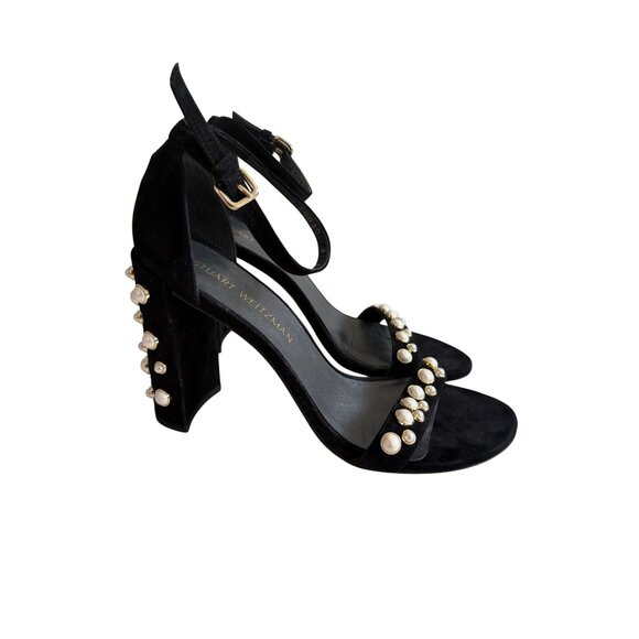 STUART WEITZMAN Black Suede Pearl Heels Sandals Size 9 - Picture 3 of 9